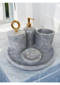 Resim Gri Mermer Klasik Model 5 Parça Gold Renk Halka Aksesuarlı Banyo Seti Gri 