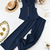 Resim Artı Boyutlu - Kadınlar için Artı Boyutlu Deniz Mavisi Kolsuz V-Yaka Blazer Cep Detaylı - Tatil veya Resmi Durumlar için Şık Uzun Pantolon, Resmi Kıyafet|V-yaka Blazer|Cep Detaylı Blazer 