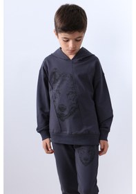 Resim Erkek Çocuk Kapşonlu Eşofman Takımı Kurt Baskılı F10 Füme 