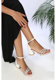 Resim Mehtap Üç Şerit Taşlı 6 Cm Topuklu Kadın Abiye Ayakkabı Beyaz 