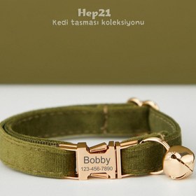 Resim Cat Collar Velvet Cat Collar with Name Bell - Army Green Collar / S/M 