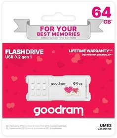 Resim GoodRam 64GB USB Bellek USB 3.2 Gen 1 Flash Bellek, 60MB/s Okuma Hızı, 20MB/s Yazma Hızı, 0°C – 70°C Çalışma Sıcaklığı, Windows, MacOS, Linux Uyumlu, Sevgililer Günü Baskılı, UME3-0640W0R11-V, Beyaz 