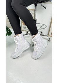 Resim Günlük Kadın Kar Botu Kürklü Bağcıklı Fermuarlı Rahat Yüksek Kalın Tırtıklı Taban Bootie 815 Beyaz 