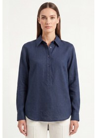 Resim Goffra Kadın Solo %100 Doğal Keten Gömlek -- Klasik Yaka Basic Minimalist Tasarım Lacivert W208-k0401-03 