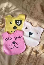 Resim DYZSTAR Lumi 3'lü Paket Hayvan Figürlü Bebek Mama Önlüğü Seti Yumuşak Dokulu Sıvı Emici Pamuklu Beslenme Önlüğü 