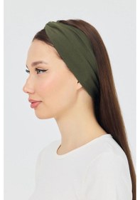 Resim Butik Çapraz Bağlamalı Kadın Bandana Saç Bandı, Kaymaz Yumuşak Esnek%100 Pamuklu Penye - Tek Ebat / Haki Haki 