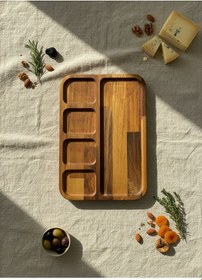 Resim Premium Bambu Sunum Seti - Oluklu Tepsi Ve 4 Bölmeli Çerezlik 30 Cm 