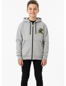Resim Kapüşonlu Fermuarlı Yandan Cepli Baskılı %100 Pamuk 2 İplik Mevsimlik Erkek Çocuk Sweatshirt-90937 Gri 