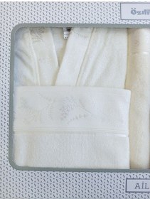 Resim Ditsy Aile Bornoz Seti- Krem Gri Renklı 