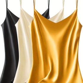 Resim 3 adet Kadın Saten Cami - V Yaka, Kolsuz, Bol Kesim, Polyester, Düz Renkler (Siyah, Beyaz, Sarı) - Bahar/Yaz Günlük Giyim için Mükemmel, Günlük Giyim Camileri|V Yaka Camileri|Polietilen Kumaş 
