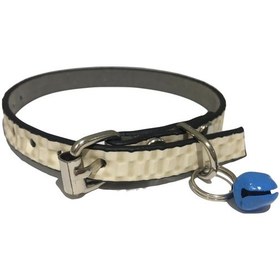 Resim Ekru Renk Kendinden Desenli Derili Metal Tokalı Zilli Kedi Tasmas 