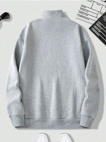 Resim Harmandar Gri Brooklyn Baskılı Erkek Dik Yaka Yarım Fermuarlı Kazak Sweatshirt Gribrooklyndikyaka 