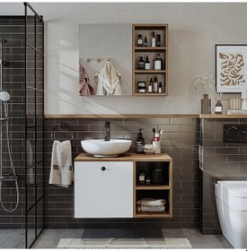 Resim Lotus Lavabolu Mdf 75 Cm Çekmeceli Banyo Dolabı + Aynalı Üst Dlp Atlantik Çam - Beyaz 