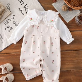 Resim 2 Parça Kızlar İçin Şirin Günlük Büyük Yaka Nakışlı Uzun Kollu Gömlek ve Çiçek Desenli Tulum Takımı, İlkbahar/Sonbahar, Dış Mekan İçin Mükemmel 