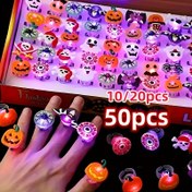 Resim 10/20/50 Adet LED Cadılar Bayramı Işık Halkaları – Çocuk Partisi, Trick or Treat ve Non-Candy Hediyeler için Aydınlatmalı Balkabağı, İskelet Hayaleti Tasarım | Karanlık Korku Temalı Şeytan Sepeti Dolguları 