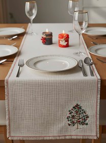 Resim Çam Ağacı Nakışlı Hasır Görünümlü Kenarları Püsküllü Runner 40x115 cm 