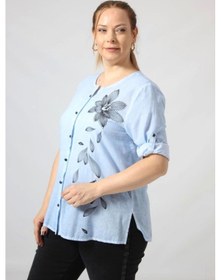 Resim Moda Berray 3293 Bebe Mavisi Çiçek Baskılı Organik Keten Kumaş Mevsimlik Gömlek Bebe Mavi Bebek Mavisi 