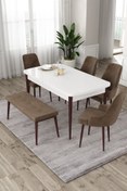 Resim Canisa Eta Serisi 80x132 Mdf Ceviz Ayaklı Beyaz Masa 4 Kahve 1 Bench Mutfak Masa Takımı 