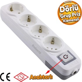 Resim Badem10 4'lü Grup Priz Anahtarlı Klemensli Fiş Priz Topraklı Çoklu Grup Priz Çoğaltıcı Dörtlü Kablosuz 