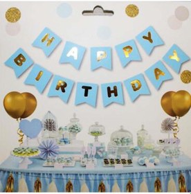 Resim Mavi Zemin Happy Birthday Gold Banner 