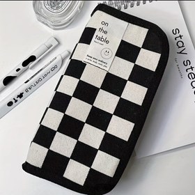 Resim Büyük Kapasiteli 19.99cm Siyah ve Beyaz Damalı Kalem Kutusu - Okul, Ofis veya Sanat Malzemeleri için Fermuarlı Kapanışlı Dayanıklı Kumaş Depolama Organizatörü, Kalem Pouch 