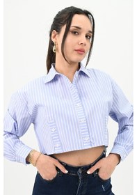 Resim Koza Butik Kadın Çizgili Mavi Crop Gömlek 1738-24 001 