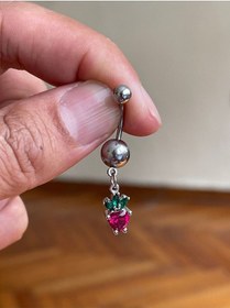 Resim Cerrahi Çelik Piercing Taşlı Çilek Piercing Çilekli Göbek Piercingi Beyaz 
