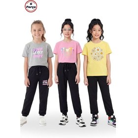 Resim Panios Kids 3 Lü Yuvarlak Yaka Tişörtlü Baskı Detaylı Kız Çocuk 6 Parça Alt Üst Takım Gri - Pembe - Sarı 