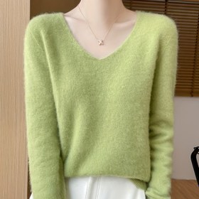 Resim Kadınlar İçin Yumuşak Pembe V-Yaka Uzun Kollu Yün Kazak - Bahar/Yaz için Bol Kesim Düz Renkli Süveter, Şık Ofis ve Günlük Giyim, Açık Bej Dostu H-Siluet Bluz, Her Gün Rahatlık, Yüksek Kalite, Yazlık Gardırop, Minimalist Tarz, Nefes Alabilen Kumaş, Çok Yönlü Üst, İlkbahar Yazlık 