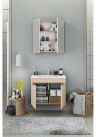 Resim Biani Fix Loft 85 Cm Banyo Dolabı,Seramik Lavabolu, Aynalı,Lavabo Dahil,Mdf,Aybe Bej 