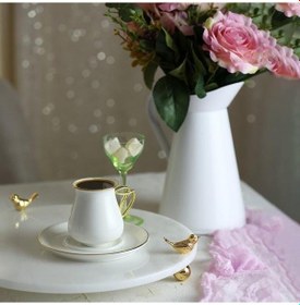 Resim Akayev Mermer Beyaz 30 Cm Altın Ayak Kuş Yuvarlak Sunum Tabağı 