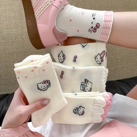 Resim Çok Renkli 5 Çift Kedi Desenli Orta Boy Kadın Çorapları - HY Dört Mevsim Basit Beyaz KT Karikatür Dantelli Uzun Çoraplar Sanrio 