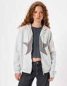 Resim Oversize Fermuarlı Sweatshirt Kapüşonlu Yıldız İşlemeli Cep Detaylı Şardonlu 