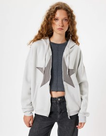 Resim Oversize Fermuarlı Sweatshirt Kapüşonlu Yıldız İşlemeli Cep Detaylı Şardonlu 