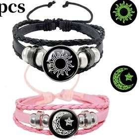 Resim 2 Adet Güneş ve Ay Aşık Bileklikleri, Unisex Vintage El Yapımı Çok Katmanlı Boncuklu Suni Deri Bileklikler, Rahat Stil, Suni Deri, Sevgililer Günü, Babalar Günü, Bahar Şenliği Hediyeleri İçin Mükemmel 