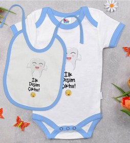 Resim Bk Kids İlk Diş Tasarımlı Mavi Bebek Body Zıbın Ve Mama Önlüğü He Çok Renkli 