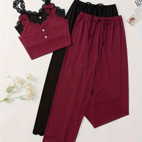 Resim Çok Renkli Seksi Camisole Üst ve Uzun Pantolonlu Dişli Kumaş Rahat Kadın Pijama Takımı 
