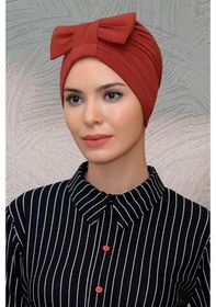 Resim Hürrem Bone Kiremit Pratik Hazır Geçmeli Tesettür Bone Sandy Kumaş Fiyonklu B Kiremit 