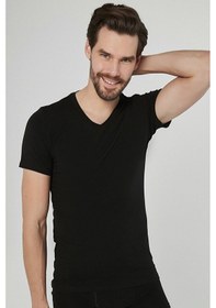 Resim MORVEN Erkek Siyah Basic V Yaka %100 Pamuk Atlet Fanila 
