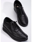 Resim Hakiki Deri Ortopedik Kadın Dolgu Topuklu Ayakkabı Siyah Elastik Bağcıklı-3299 Siyah 