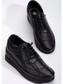 Resim Hakiki Deri Ortopedik Kadın Dolgu Topuklu Ayakkabı Siyah Elastik Bağcıklı-3299 Siyah 