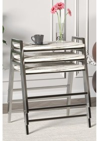 Resim Zigon Sehpa , Aden 3'lü Tepsi Zigon Sehpa Takımı Gümüş Metal - Beyaz Mermer Tabla Gümüş-beyaz Mermer 