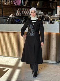 Resim Esre Store 44114 - Deri Detaylı Tesettür Kaban Siyah-A3 
