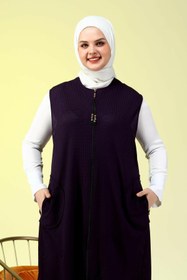 Resim Kadin Buyuk Beden Petek Kumaş Cepli Fermuarlı Düğmeli Yelek - Mürdüm / 5XL 