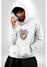 Resim Kalp Damar Renkli Boyalı Kadın Erkek Beyaz Kapüşonlu Sweatshirt Hoodie Beyaz 