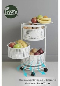 Resim 3 Katlı Tekerlekli Tepsili Kule Sebzelik Açılır Metal Patates Soğan Meyvelik Sepetli Raf Beyaz Beyaz 
