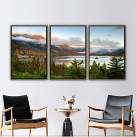Resim Kayra Export Kanvas Tablo, Gold Çerçeveli Kanvas Tablo, Saint Mary Lake Peyzaj Tuval, Orman Peyzajı Sanat Eseri, 