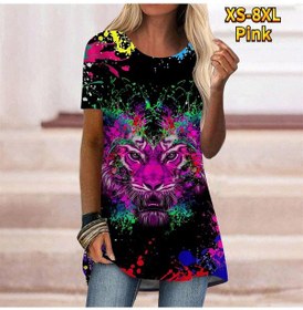 Resim Pembe Büyük Beden Kadın Yaz Kaplan Baskılı Rahat Kısa Kollu Yuvarlak Yaka T-shirt Rahat Baggy Orta Uzunluk Tee Tops Pembe 