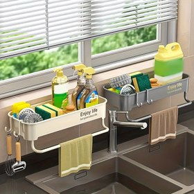 Resim 1 adet Çok İşlevli Mutfak Lavabo Rafı, Yapışkanlı Plastik Bulaşık Bezi ve süngerlik, Lavabo Aksesuarları ve Malzemeleri için Delme Gerektirmeyen Kolay Kurulum Düzenleyici 