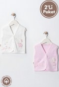 Resim Miniel Kız Bebek Ayıcık Nakışlı Organik Pamuklu 3-6-9 Ay 2li Penye Bebek Yelek - Pembe 